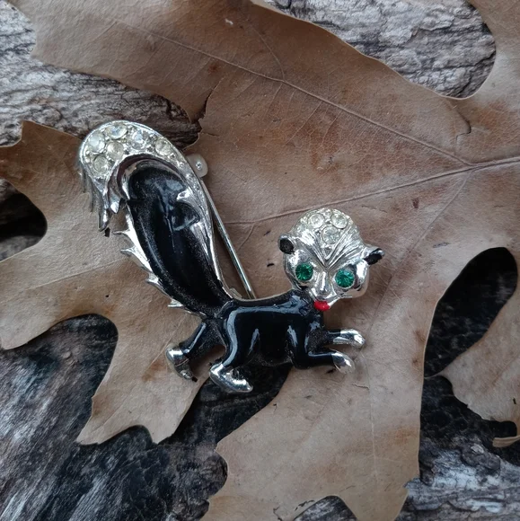 Vintage 🦨 Rhinestone 🦨🖤 Brooch Pin - Picture 1 of 5